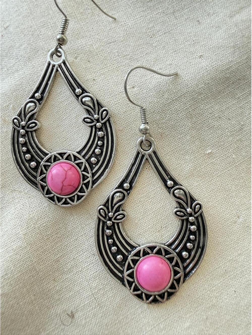 Pink Stone Silver Tone Boho Teardrop Dangle Earrings